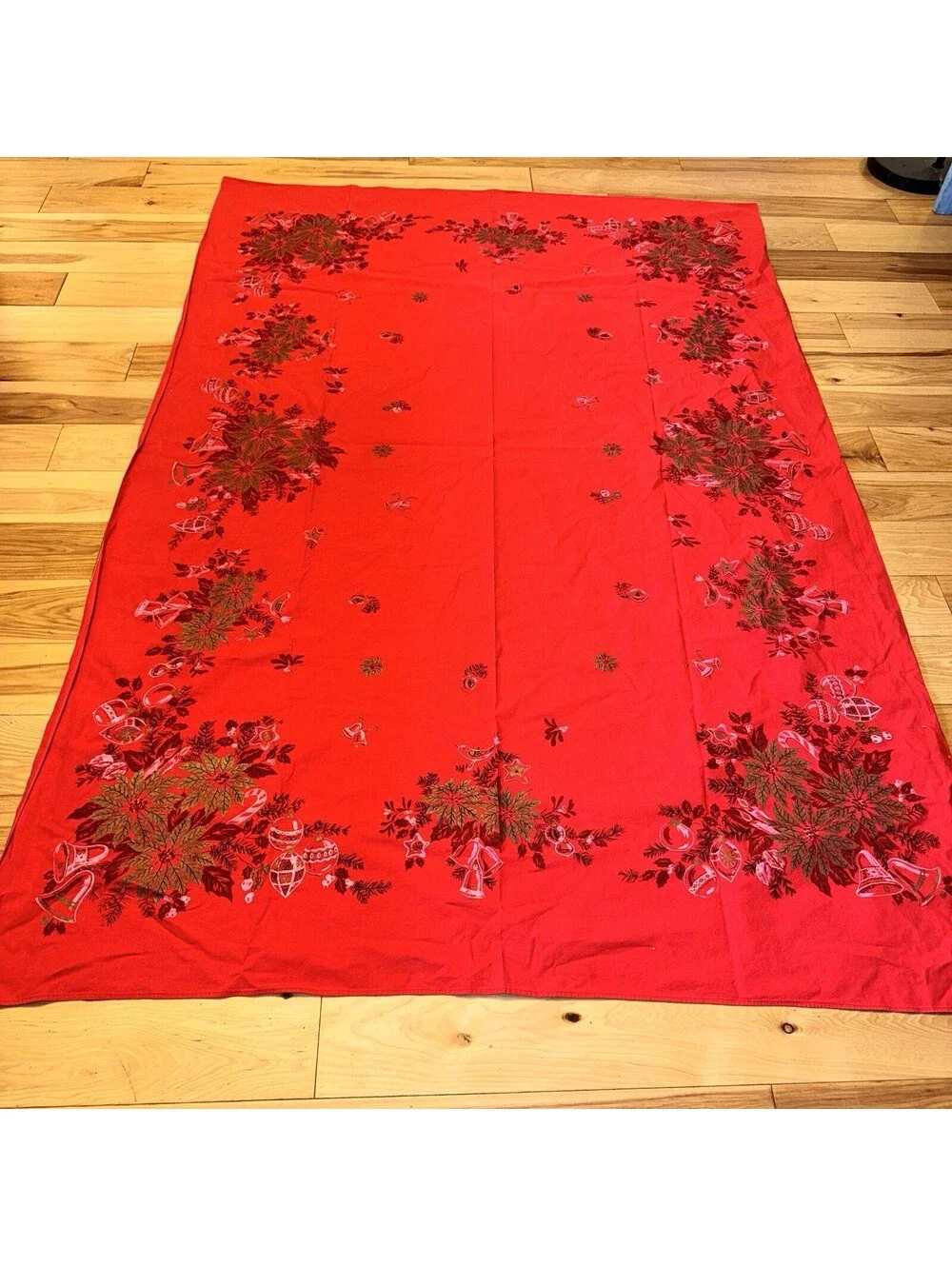 Vintage Red Christmas Tablecloth 76x50 Poinsettia Bells Ornaments Holiday Decor